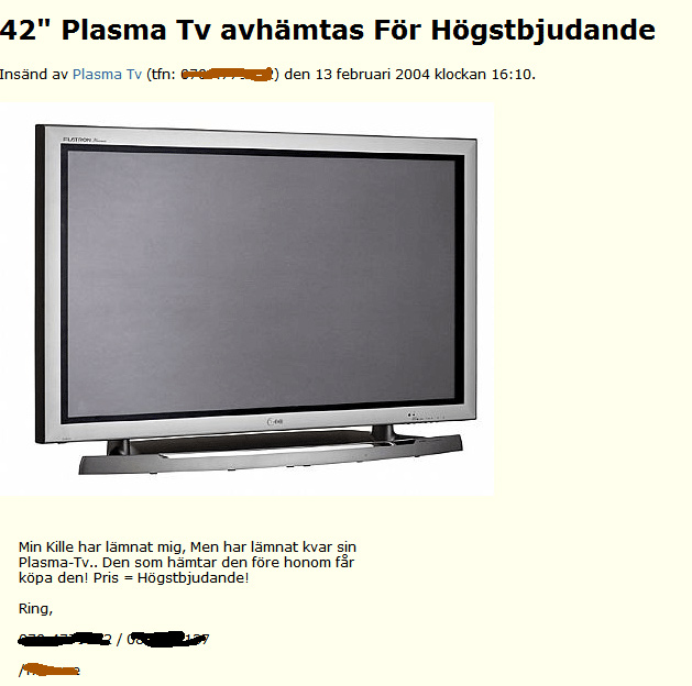 42" Plasma TV avhämtas För Högstbjudande