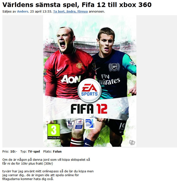 Världens sämsta spel, Fifa 12 till xbox 360