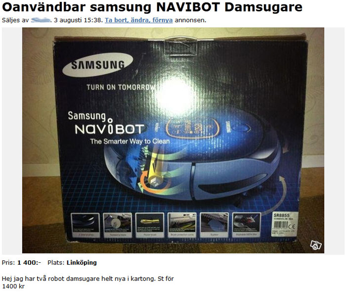 Oanvändbar samsung NAVIBOT Damsugare