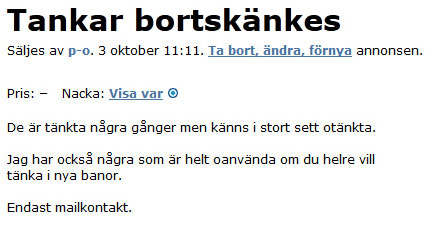 Tankar bortskänkes