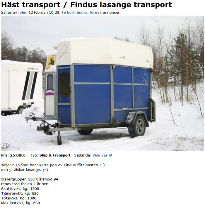 Häst transport / Findus lasange transport