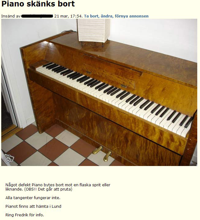 Piano skänks bort