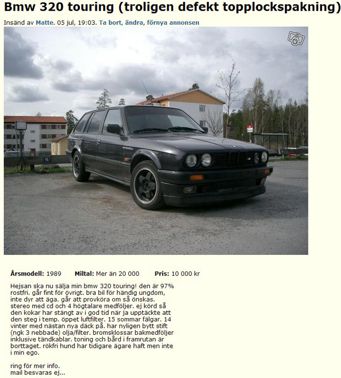 Bmw 320 touringtroligen defekt topp..