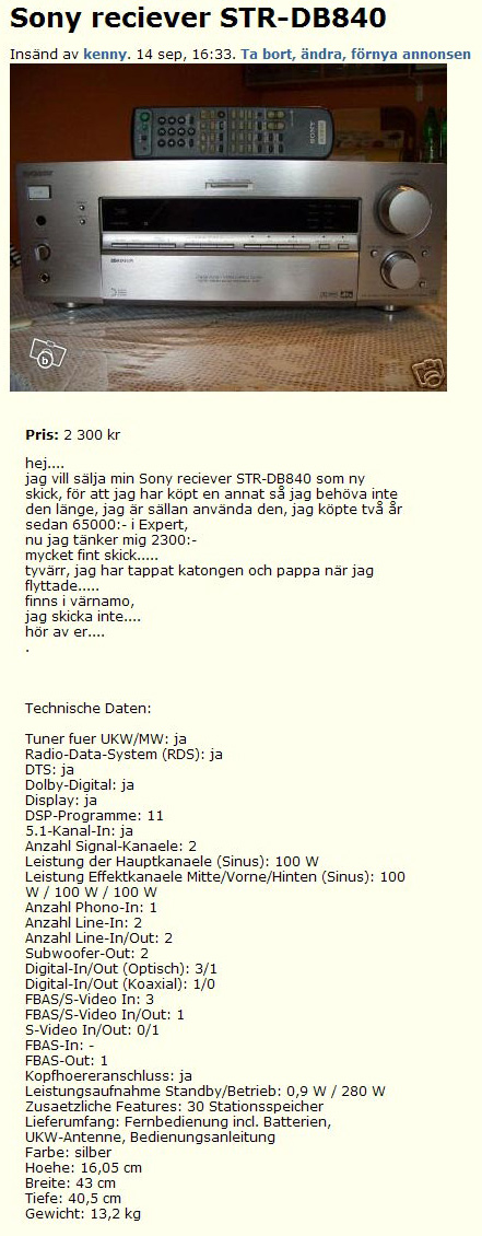 Sony reciever STR-DB840