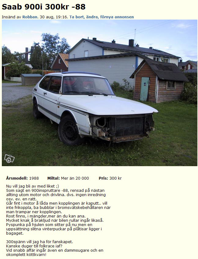 Saab 900i 300kr -88