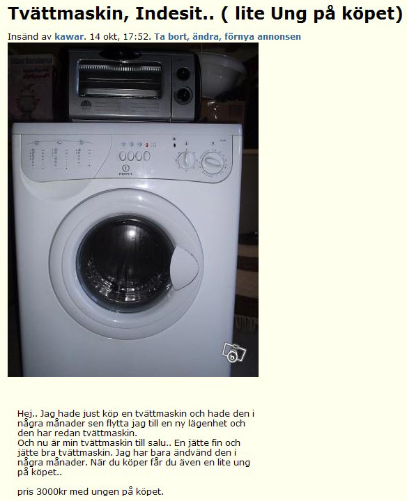 Tvättmaskin, Indesit.. (lite Ung på köpet)