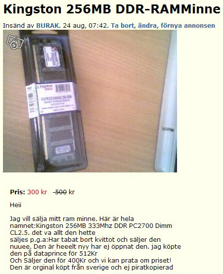 Kingston 256MB DDR-RAMMinne