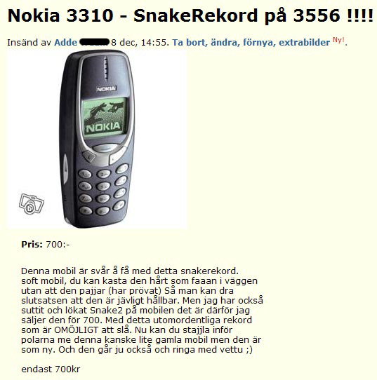 Nokia 3310 - SnakeRekord på 3556 !!!!
