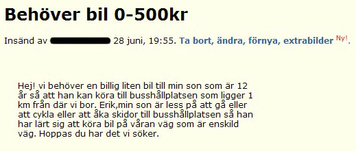 Behöver bil 0-500kr