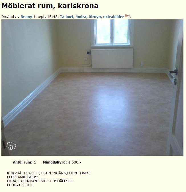 Möblerat rum, karlskrona