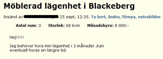 Möblerad lägenhet i Blackeberg