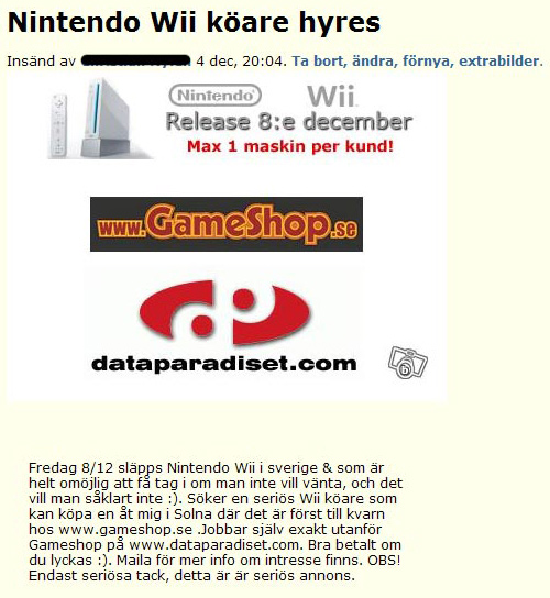Nintendo Wii köare hyres