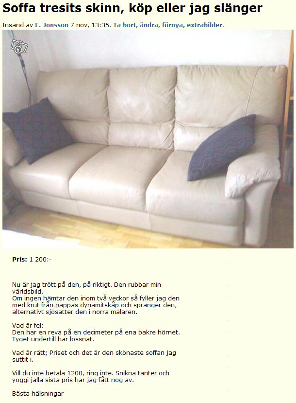 Soffa tresits skinn, köp eller jag slänger