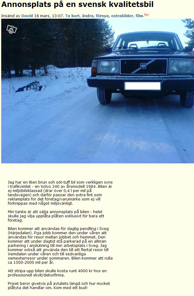 Annonsplats på en svensk kvalitetsbil