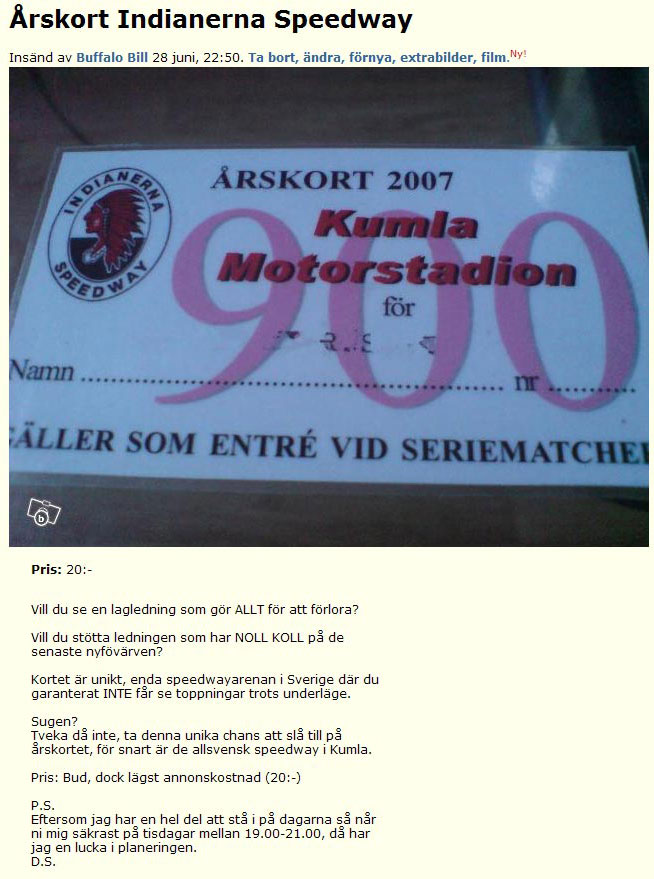 Årskort Indianerna Speedway