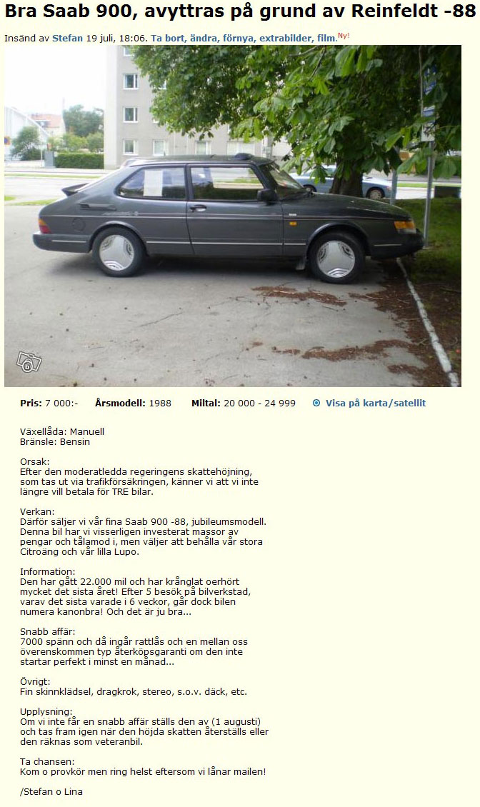 Bra Saab 900, avyttras pga Reinfeldt -88