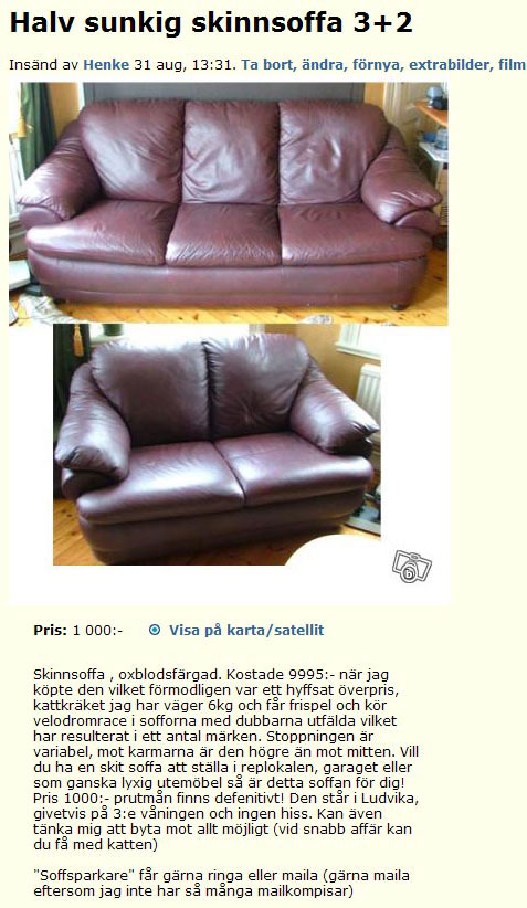 Halv sunkig skinnsoffa 3+2