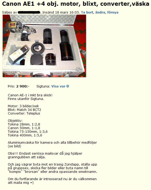 Canon AE1 +4 obj. motor, blixt..