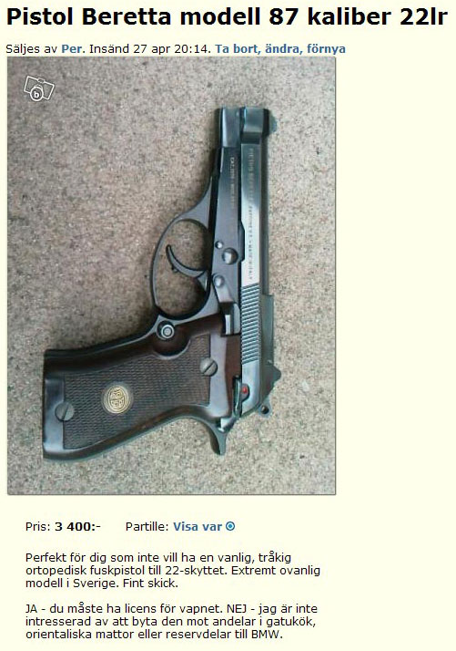 Pistol Beretta modell 87 kali..