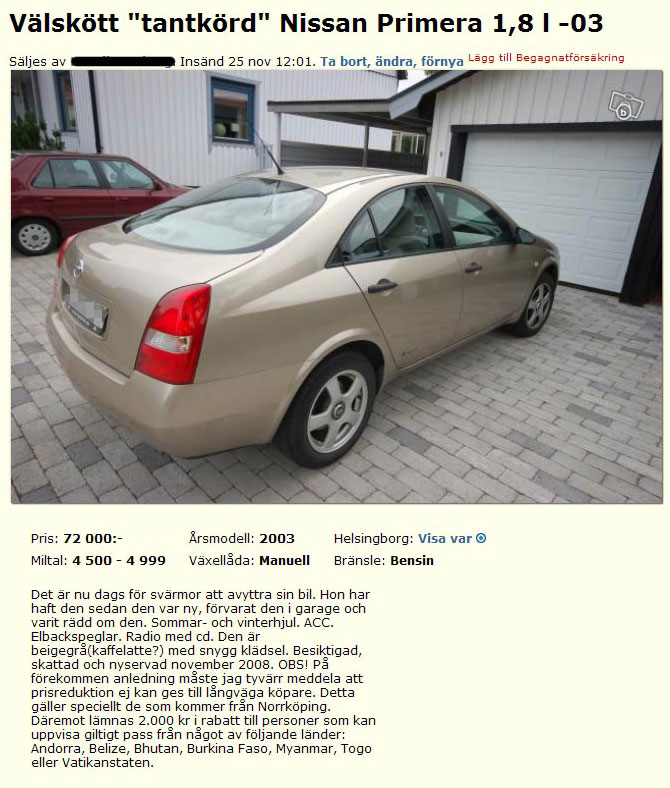 Välskött "tantkörd" Nissan Primera 1,8l -03