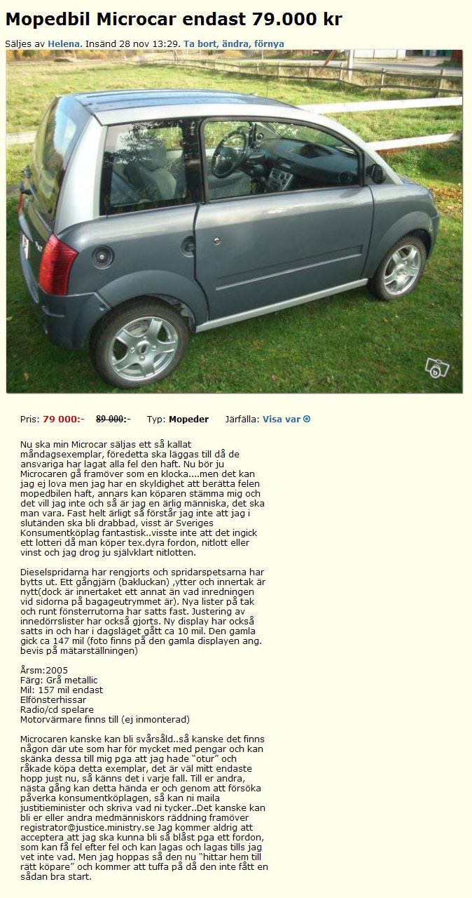 Mopedbil Microcar endast 79.000 kr