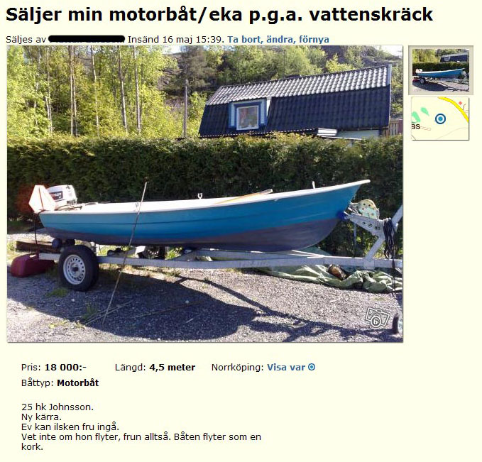 Säljer min motorbåt/eka p.g.a vattenskräck