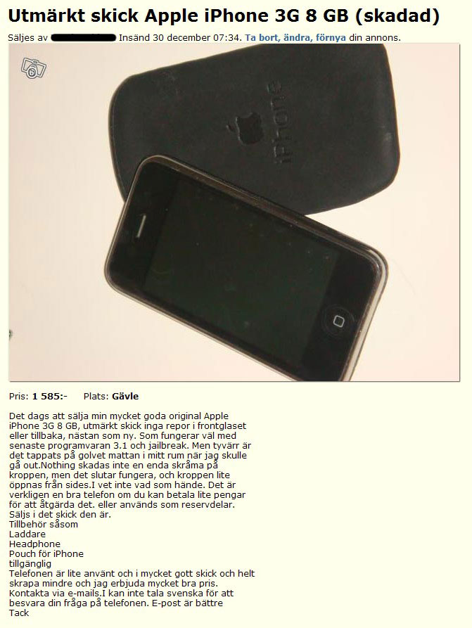 Utmärkt skick Apple iPhone 3G 8 GB (skadad)