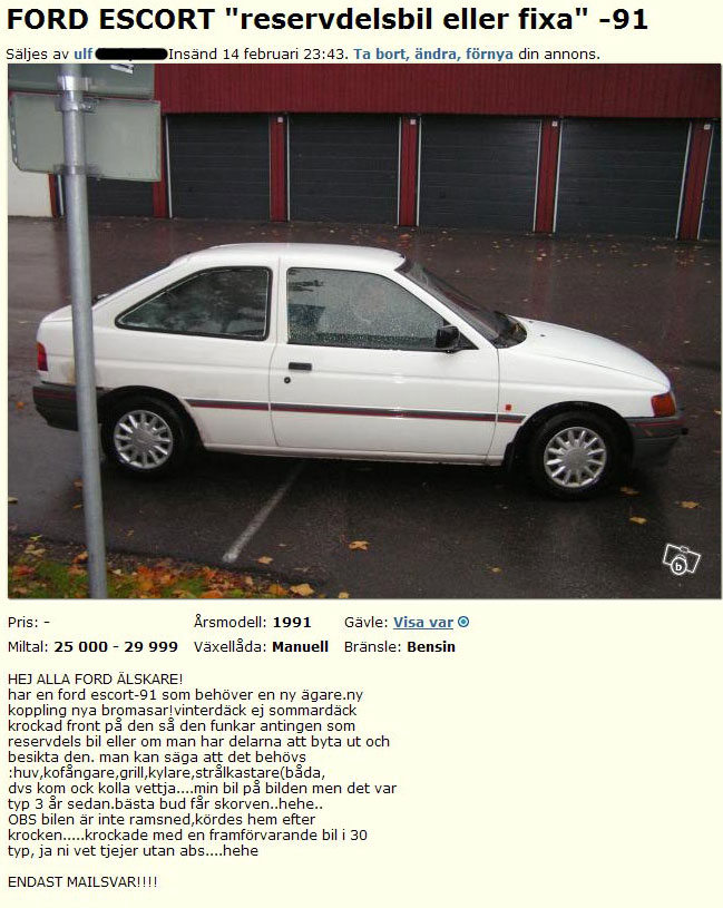 FORD ESCORT "reservdelsbil eller fixa" -91