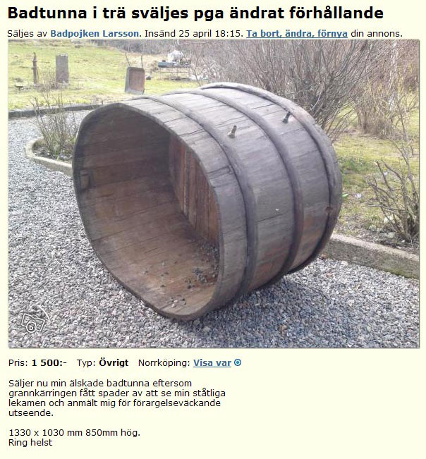 Badtunna i trä sväljes pga ändrat förhållande