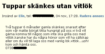 Tuppar skänkes utan vitlök
